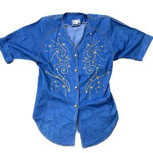 Vintage Monique Fashions Bedazzled Denim Blouse with Shoulder Pads Size 8